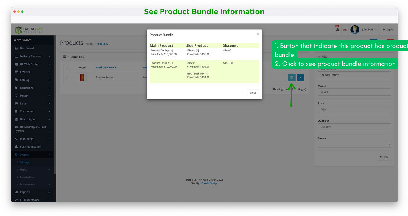 product bundle button on product list management admin opencart